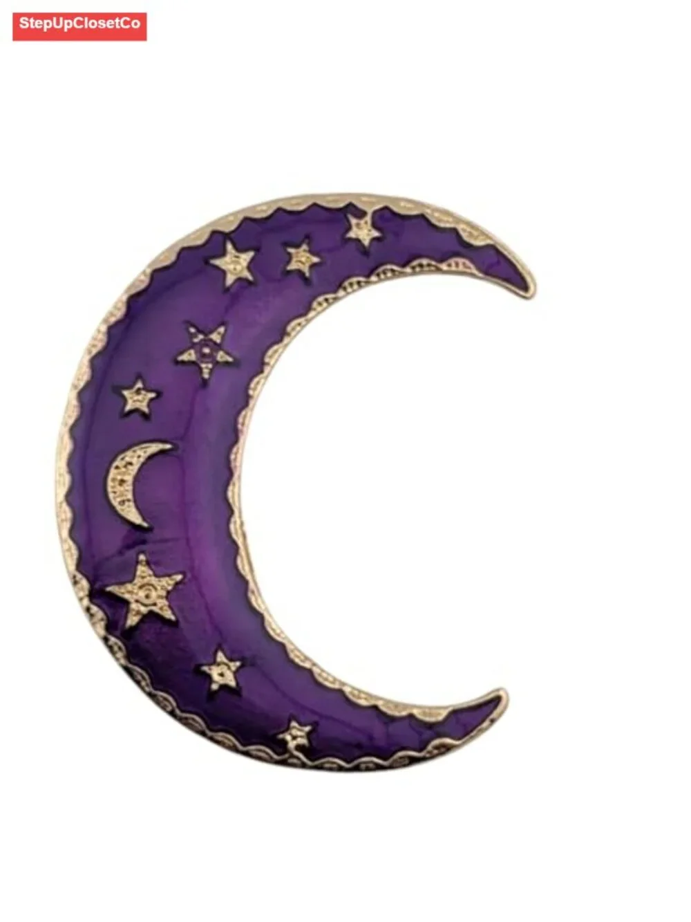Goldtone Crescent Moon Brooch Enamel Celestial Lunar Pin